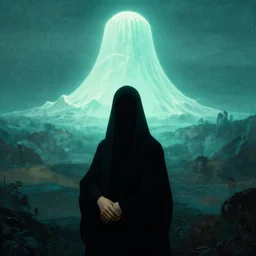 cloaked figure, giant distant glowing mountain that looks like a bell curve, da vinci painting, teal palette, eschaton