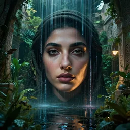 detailed face of an arabic woman, lush, walled garden, utopian, tech noir, vertical data streams, wet reflections, chiaroscuro, rim lighting, atmospheric, ambient, pj crook, syd mead, livia prima, artgerm, greg rutkowski, nick alm, casey baugh