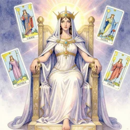 a mystical woman priestess sitting on a throne, the divine feminine, drawn by studio UFOTABLE, fine line work, pastel colors, Tarot cards. The empress tarot card
