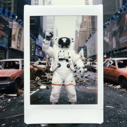 american white spacesuit astronaut winning pose in postapocalyptic abandoned destroyed times square, wrecked buildings, destroyed flipped wrecked cars, polaroid photo, vintage, neutral colors, rainy day, by gregory crewdson