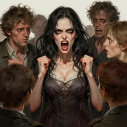raging narcissist yelling at a bunch of people surrounding her, ugly, highly detailed, digital painting, artstation, concept art, sharp focus, illustration, art by artgerm and greg rutkowski and alphonse mucha