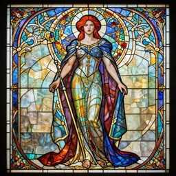 full - body stained glass artwork, imogen poots paladin, by jakub rebelka. art nouveau neo - gothic stained glass by mucha. dota. swirly intricate glass linework background. gaudy colors, sharp edges. ultra clear detailed. 8 k. elegant. octane render
