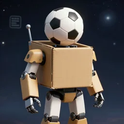 photorealistic concept art for a robot design, with a cardboard box as the body and a soccer ball for its head, from a space themed serria point and click graphic adventure game