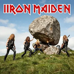 Iron Maiden runs too the hill, oh no a huge boulder crushes the band Iron Maiden, Realistic, HDR, Clear Image,