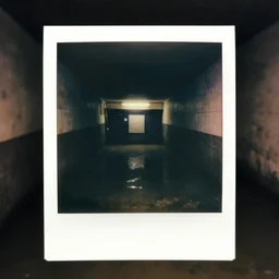 flooded subway entrance, dark, liminal space, eerie, old polaroid,