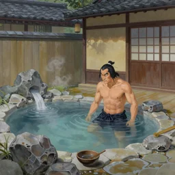 painting of male warrior bathing in private magical empty onsen next to japanese inn with l artstation