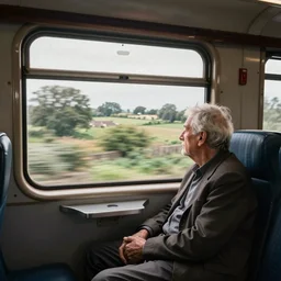 a high quality photograph of an old man sat in a railway train, looking wistfully out of the window at the english countryside speeding past, candid photo, street photography, photojournalism, 8 k, high resolution, beautiful composition, epic lighting