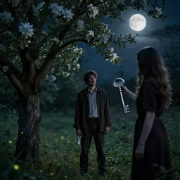 a man is standing by apple tree. he watches a woman who has a very large silver key. folk horror. eerie. fine detail. realistic. fireflies. full moon