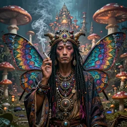 8K headshot Portrait of centered chest up of a psychedelic godlike mothman shaman with giant mandala wings smoking a hand-rolled cigarette smoking heavily , magic mushroom village in background , post-processing , award winning. superb resolution. in the art style of junji Ito and greg rutkowski . Detailed Mushroom city in background. Hyper realistic anime. Perfect art. Dalle2