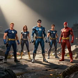 the justice league, gta artstyle, macro, wide shot, dramatic lighting, octane render, hyperrealistic, HD