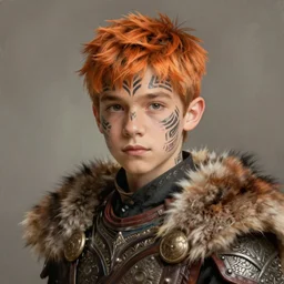 portrait painting of an elven male teenager with short light orange hair and tribal tattoos on his face wearing fur armor, sharp focus, award - winning, trending on artstation, masterpiece, highly detailed, intricate. art by aurore folny