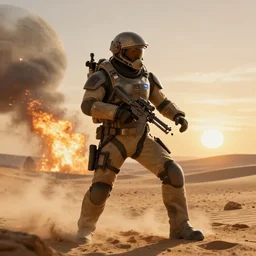 ultra realistic on location photograph of master chief on a desert planet. epic image. action pose. explosions. sunrise. canon. carl zeiss