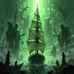 cinematic artwork of a lovecraftian battle of epic proportions, ships, green ambient light, elder gods, light fog, artwork by greg rutkowski, 4 k, masterpiece