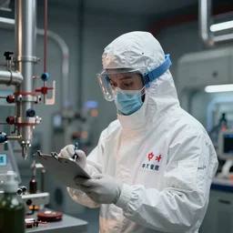 a japanese hazmat scientist, industrial, futuristic, 8k, film still