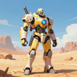 vibrant color robotic high fantasy gunslinger during daytime, desert landscape, 4k, illustration -9