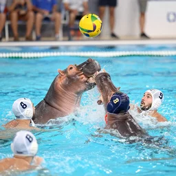hippopotamuses playing water polo with people. sports photograph.