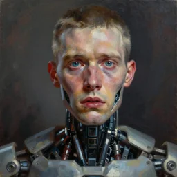 sweet interesting portrait of a scared cyborg man, oil painting. HD