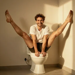 hyperrealistic Jean Claude Vandamme doing the splits over a toilet, golden hour, smiling, award winning