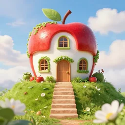 a comedic staircase that leads up to an apple house in heaven