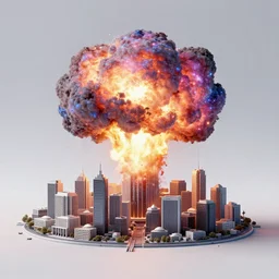 last minute of an atomic catastrophe blowing up a city, realistic, volumetric light, render, 3 d, high quality, 4 k, galaxy