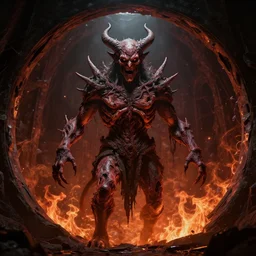 round portal to another world containing the mummified demon lord, dark, gritty, damaged, hellfire, hostile, demonic, diabolic, cinematic light, 3 d cg, cel shading