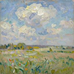 oil paint impasto reliefs summer sussex fields, atmospheric, painted with expressive paint and cumulus clouds, some splattered paint, in the style of signac and frank auerbach - n 9