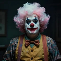 a dramatic photo of an old fat clown with cotton candy hair. paint splashes. moody and melancholy.