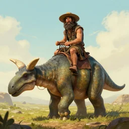 caveman riding a stegosaurus, trending on artstation, highly detailed