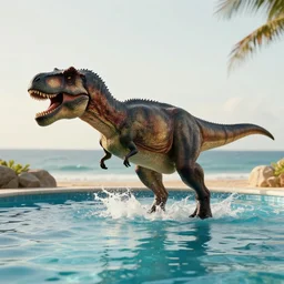 tyrannosaurus in a swimming pool by the seaside