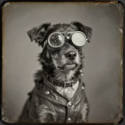steampunk dog with goggles Early, wet plate photography, colloid