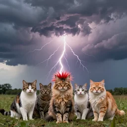 daytime outdoor photograph of colorful cats with spiky hair in the middle of the storm, cloudy sky, thunder, lightning