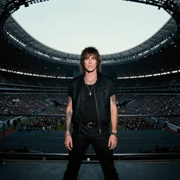 Rockstar in a giant stadium, dark, black, rockstar vibe
