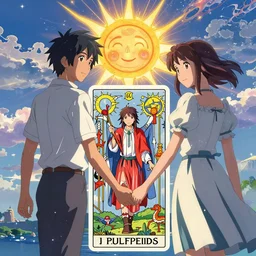 a man and a woman holding hands under a beautiful sun drawn like the anime Your Name anime, intricate, psychedelic, Tarot card the Lovers