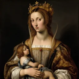 portrait of an italian greyhound as an italian queen, holding a small person in her lap, painting by sandro botticelli