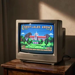 dusty CRT monitor showing a game from the 80s, dusty room
