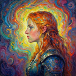 side portrait, imogen poots, paladin, fantasy, gloomhaven, luminescent, organic painting, colorful swirly ripples, gaudy colors, by greg manchess, huang guangjian, gil elvgren, sachin teng, greg rutkowski, jesper ejsing, ilya kuvshinov