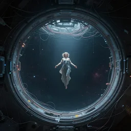 just only one lonely symmetry cyberpunk round portal to the deep space!! bad omens, in the style of bonestell, chesley, casson, and a. j. dramatic lighting. soft edges. the ceiling is hung with chaotic cables, a grace goddess floating in the center. cinematic. 8 k, octane render. ultra clear detailed.