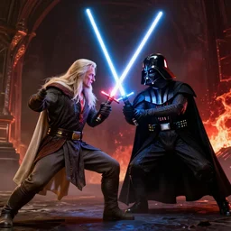 gandalf fighting darth vader with a lightsaber, lord of the rings, star wars, dramatic lighting, 4 k, digital art,