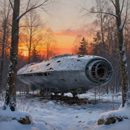 hyper realistic painting of abandoned huge military spaceship in the winter forest brom, sunset, mucha, moebius, craig mullins, juan gimenez artstation cgsociety