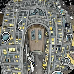 door entrance to a skyscraper at the top of a mountain, starry night, trending on artstation, pixiv, hyperdetailed Unreal Engine, by Nathan Dane Clarke, by Bruce Pennington, illustration, digital art, concept art, fish eye lens