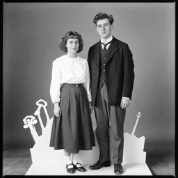 antique black and white photograph of a young couple, studio lighting, cardboard cutout backgrounf 1 8 7 6
