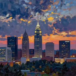 vivid oil painting of a the skyline of Charlotte North Carolina at dusk by a French impressionist