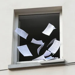 classified documents falling out of a buildings windows. photograph.