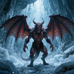 balrog demon with wings extended in the ice cave. greg rutkowski. boris vallejo. color grading lut 3 8 4 0 x 2 1 6 0