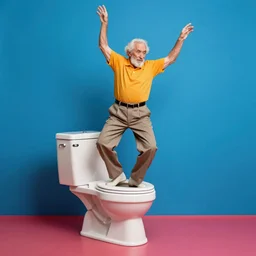 an elderly man dancing on a toilet, bold natural colors, national geographic photography, masterpiece, 8 k, raw, unedited, symmetrical balance