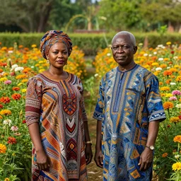 hyper realistic portrait of onyeka nwelue and wole soyinka standing in the middle of an expansive flower garden with lots of space all round, perfect face, fine details, colorful patterns, studio lighting, subtle shadows, art by tim okamura and karol bak, canon eos r 3, f / 1. 4, iso 2 0 0, 1 / 1 7 0 s, 8 k, raw, unedited, in - frame