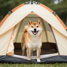 A shiba inu looking happy out of a camping tent
