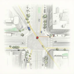 pencil sketch artwork of a google maps street, top down view