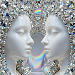 symmetrical face of multifaceted swarovski crystal tunnel passage render, rainbow refraction, polished, highly reflective, porcelain, opal, quartz, diamond volumetric lighting, glowing eyes, smoky quartz, petalite, octane render, 8 k, photorealistic, ultra realistic symmetry warning : prompt truncated after tokenization around