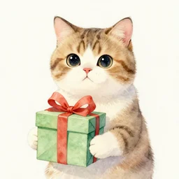 !beautiful watercolor painting of a cat holding a present